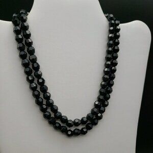 Black Faceted Bead Necklace Double Strand 14.5" Gold Tone Hook Clasp VTG